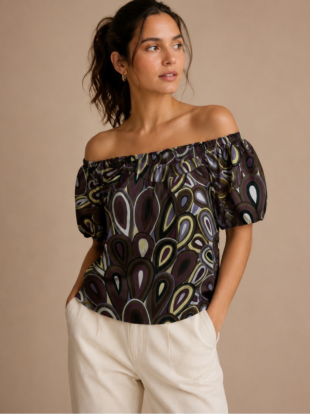 Weston Wear 100% Silk Off Shoulder Abstract Print Top Size M Retro Boho
